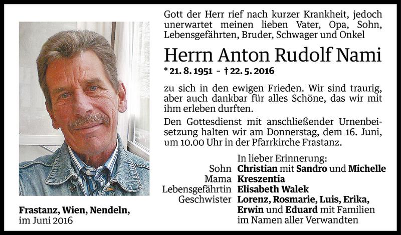  Todesanzeige für Anton Rudolf Nami vom 14.06.2016 aus Vorarlberger Nachrichten