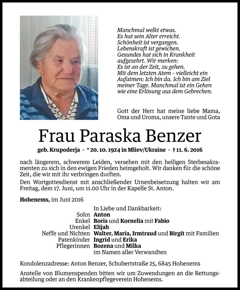  Todesanzeige für Paraska Benzer vom 14.06.2016 aus Vorarlberger Nachrichten