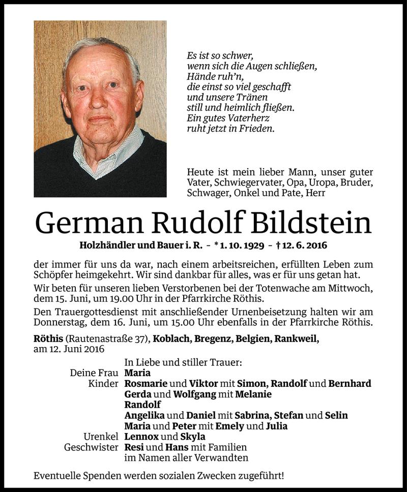  Todesanzeige für German Rudolf Bildstein vom 14.06.2016 aus Vorarlberger Nachrichten
