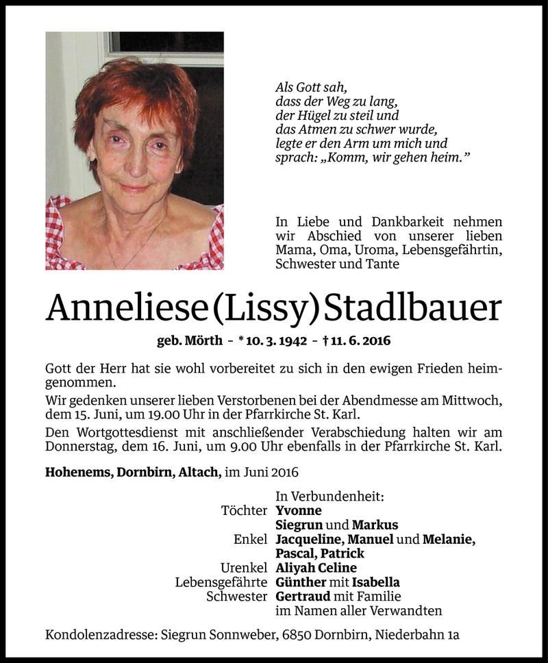  Todesanzeige für Anneliese Stadlbauer vom 14.06.2016 aus Vorarlberger Nachrichten