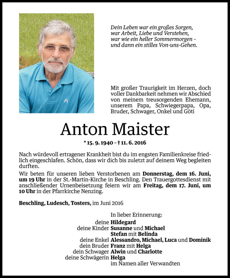  Todesanzeige für Anton Maister vom 15.06.2016 aus Vorarlberger Nachrichten
