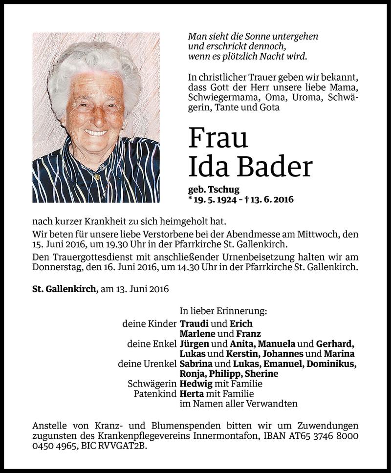  Todesanzeige für Ida Bader vom 13.06.2016 aus Vorarlberger Nachrichten