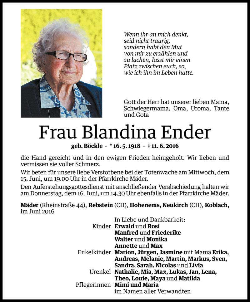  Todesanzeige für Blandina Ender vom 14.06.2016 aus Vorarlberger Nachrichten