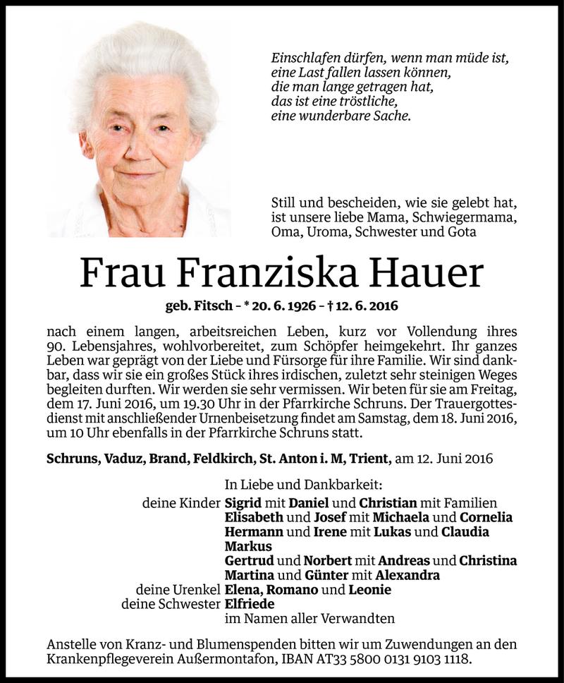  Todesanzeige für Franziska Hauer vom 14.06.2016 aus Vorarlberger Nachrichten