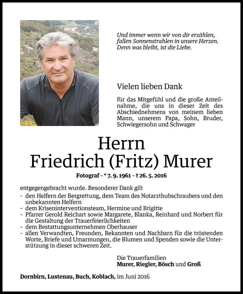  Todesanzeige für Friedrich Murer vom 14.06.2016 aus Vorarlberger Nachrichten