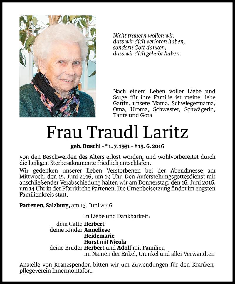  Todesanzeige für Traudl Laritz vom 14.06.2016 aus Vorarlberger Nachrichten