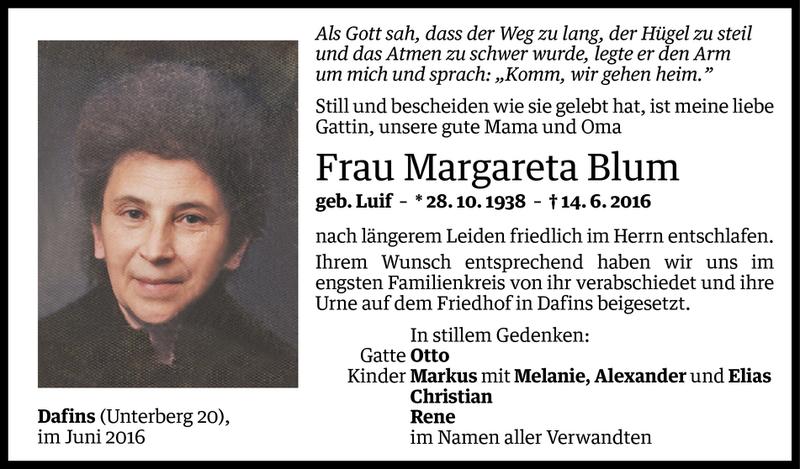  Todesanzeige für Margareta Blum vom 18.06.2016 aus Vorarlberger Nachrichten