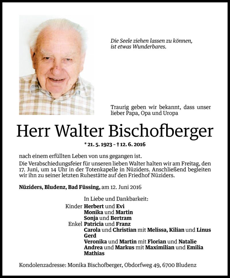  Todesanzeige für Walter Bischofberger vom 15.06.2016 aus Vorarlberger Nachrichten