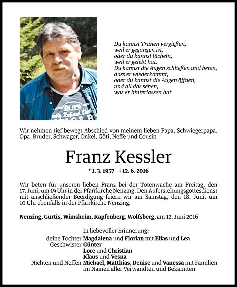  Todesanzeige für Franz Kessler vom 15.06.2016 aus Vorarlberger Nachrichten