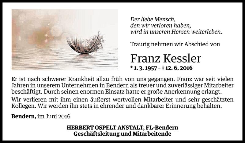  Todesanzeige für Franz Kessler vom 15.06.2016 aus Vorarlberger Nachrichten