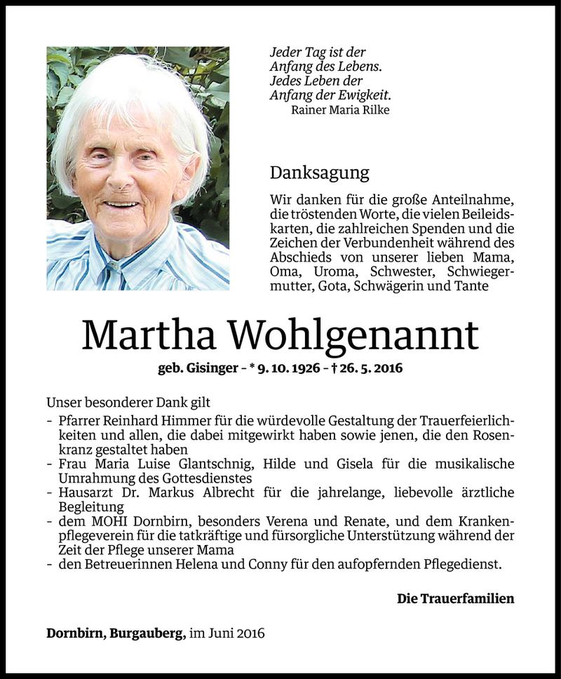  Todesanzeige für Martha Wohlgenannt vom 15.06.2016 aus Vorarlberger Nachrichten
