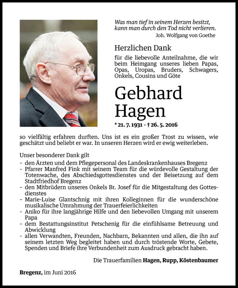  Todesanzeige für Gebhard Hagen vom 17.06.2016 aus Vorarlberger Nachrichten