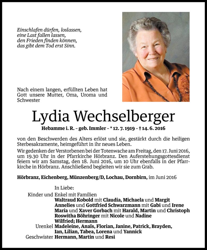  Todesanzeige für Lydia Wechselberger vom 15.06.2016 aus Vorarlberger Nachrichten