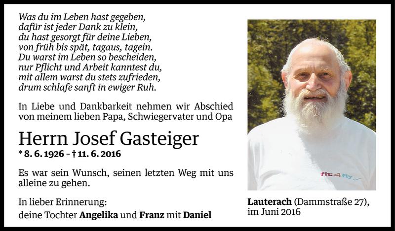  Todesanzeige für Josef Gasteiger vom 18.06.2016 aus Vorarlberger Nachrichten
