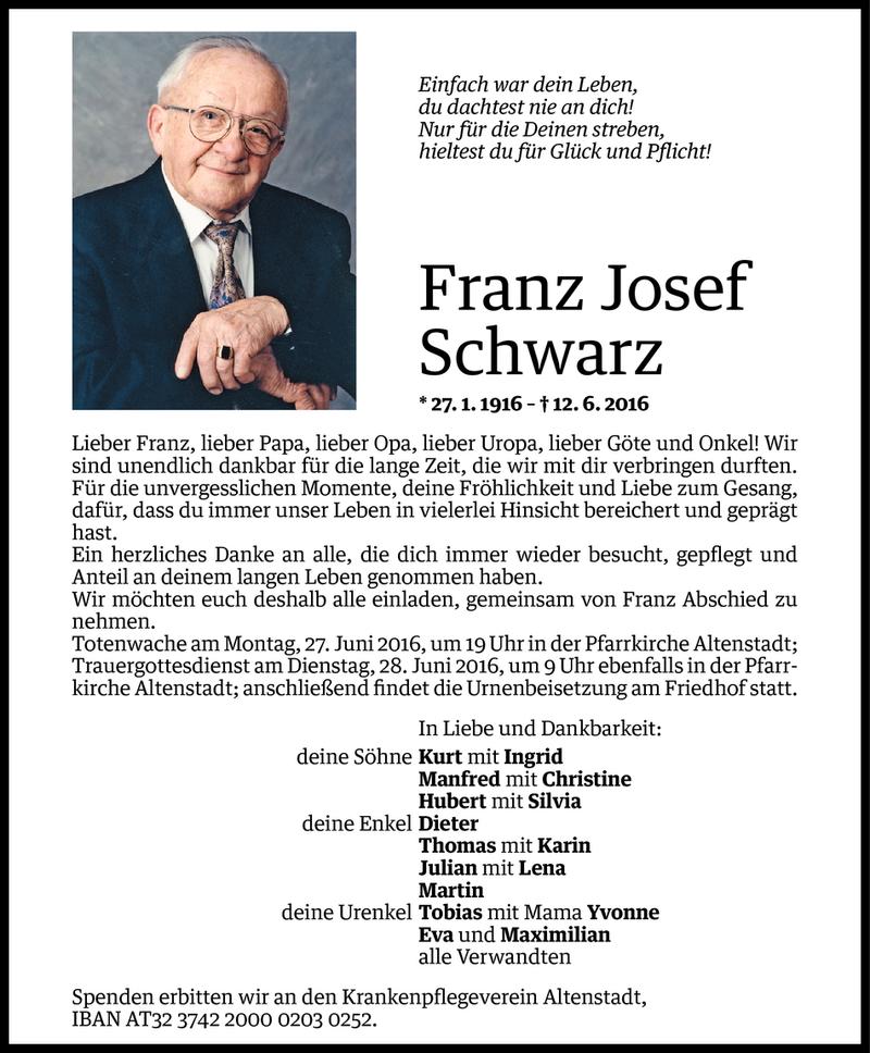  Todesanzeige für Franz Josef Schwarz vom 24.06.2016 aus Vorarlberger Nachrichten