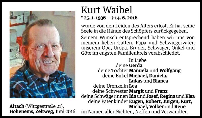  Todesanzeige für Kurt Waibel vom 20.06.2016 aus Vorarlberger Nachrichten