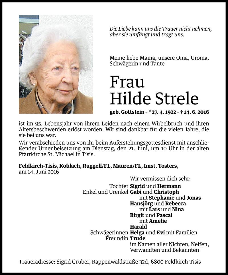  Todesanzeige für Hilde Strele vom 17.06.2016 aus Vorarlberger Nachrichten