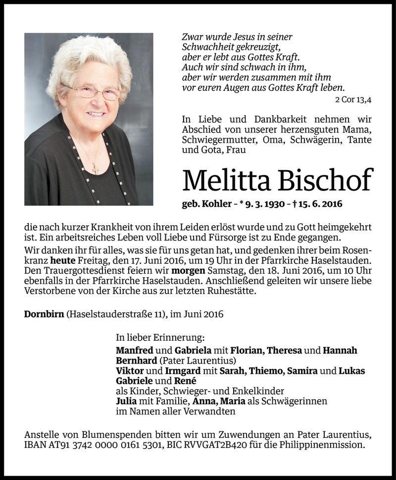  Todesanzeige für Melitta Bischof vom 16.06.2016 aus Vorarlberger Nachrichten