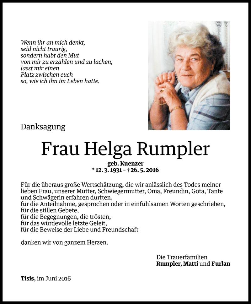 Todesanzeige für Helga Rumpler vom 17.06.2016 aus Vorarlberger Nachrichten