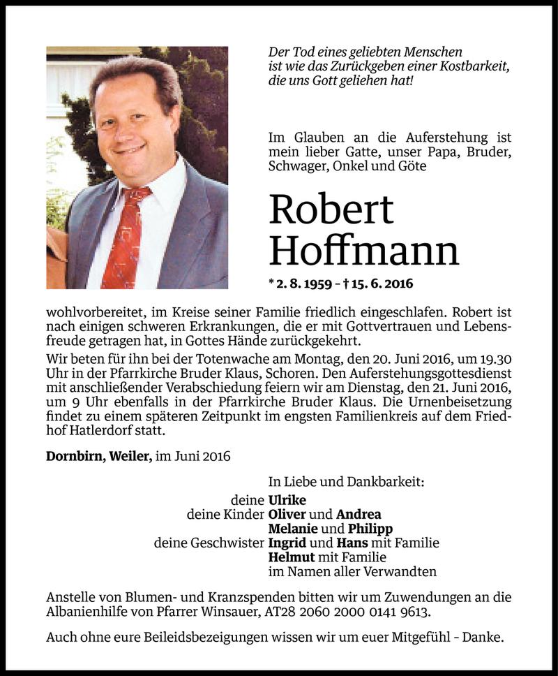  Todesanzeige für Robert Hoffmann vom 17.06.2016 aus Vorarlberger Nachrichten