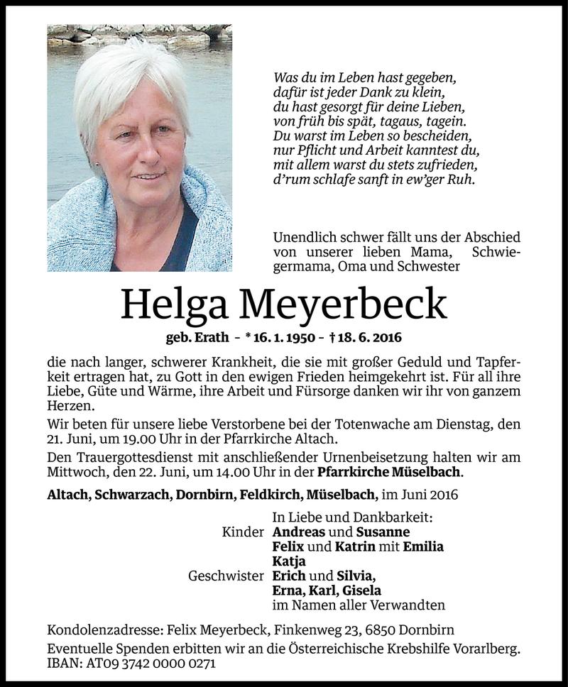  Todesanzeige für Helga Meyerbeck vom 20.06.2016 aus Vorarlberger Nachrichten