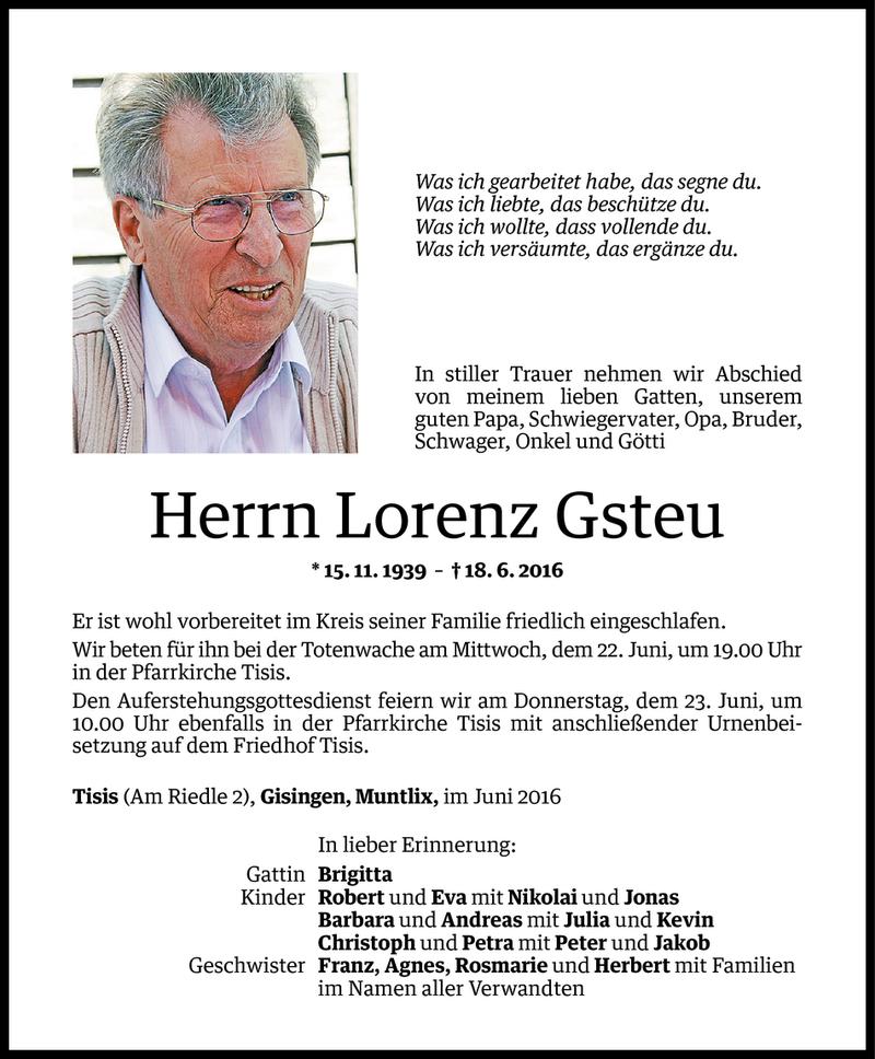  Todesanzeige für Lorenz Gsteu vom 21.06.2016 aus Vorarlberger Nachrichten