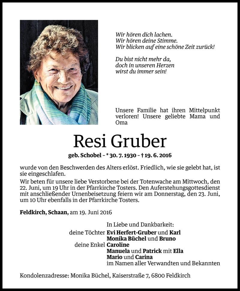 Todesanzeigen von Resi Gruber | Todesanzeigen Vorarlberger Nachrichten
