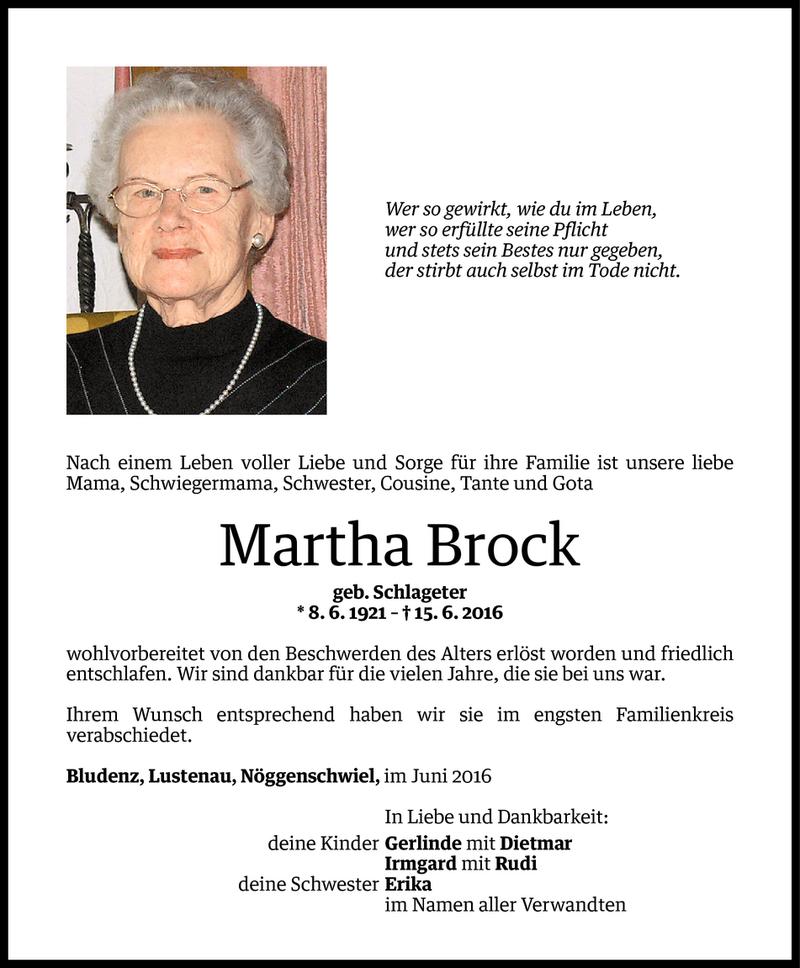  Todesanzeige für Martha Brock vom 25.06.2016 aus Vorarlberger Nachrichten