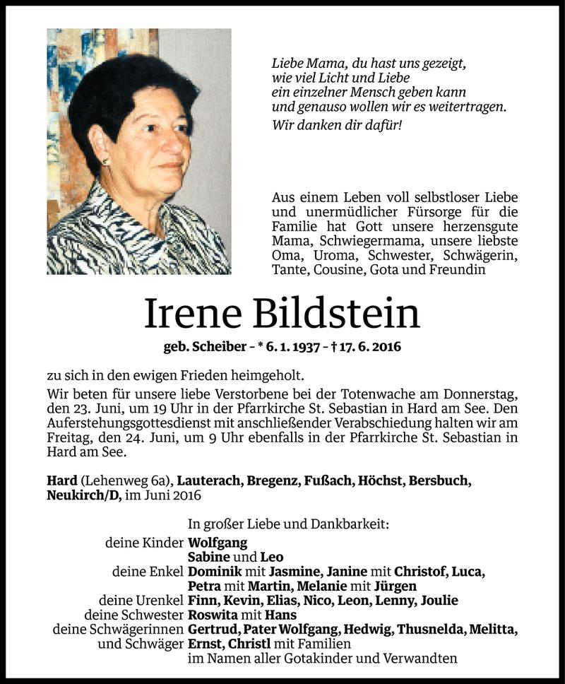  Todesanzeige für Irene Bildstein vom 21.06.2016 aus Vorarlberger Nachrichten