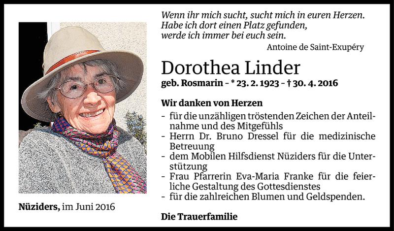  Todesanzeige für Dorothea Linder vom 24.06.2016 aus Vorarlberger Nachrichten