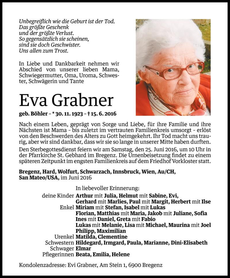  Todesanzeige für Eva Grabner vom 21.06.2016 aus Vorarlberger Nachrichten