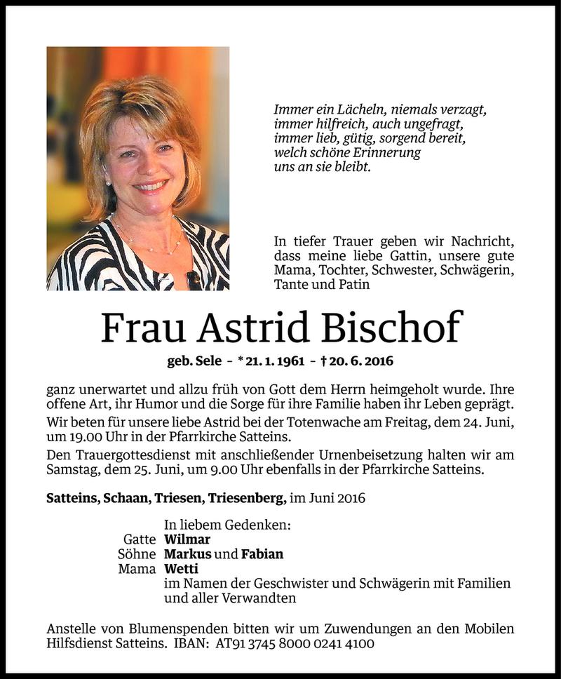  Todesanzeige für Astrid Bischof vom 22.06.2016 aus Vorarlberger Nachrichten