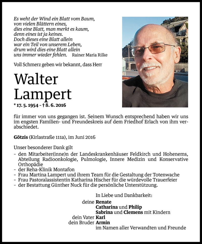  Todesanzeige für Walter Lampert vom 22.06.2016 aus Vorarlberger Nachrichten