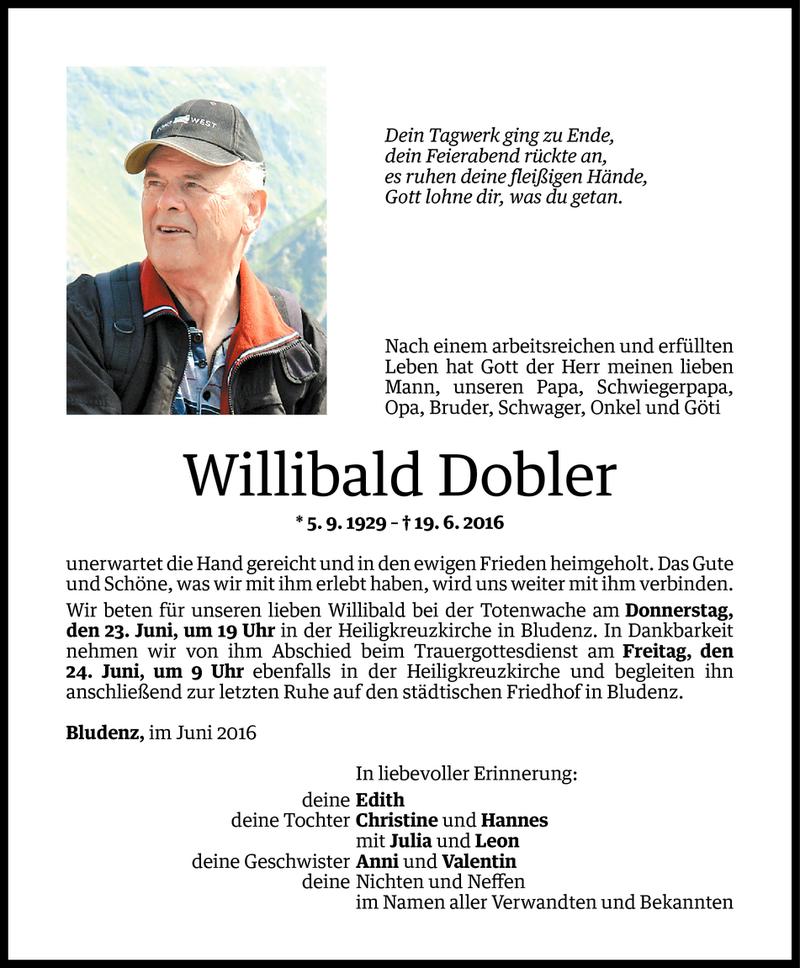  Todesanzeige für Willibald Dobler vom 22.06.2016 aus Vorarlberger Nachrichten