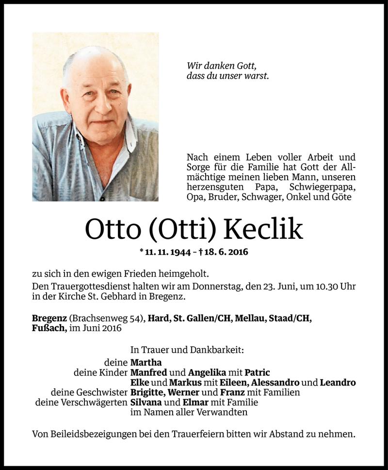  Todesanzeige für Otto Keclik vom 21.06.2016 aus Vorarlberger Nachrichten