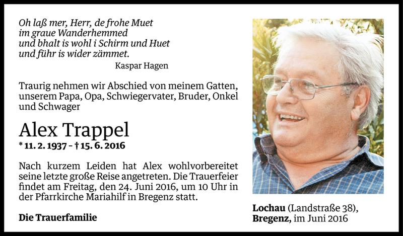  Todesanzeige für Alex Trappel vom 21.06.2016 aus Vorarlberger Nachrichten