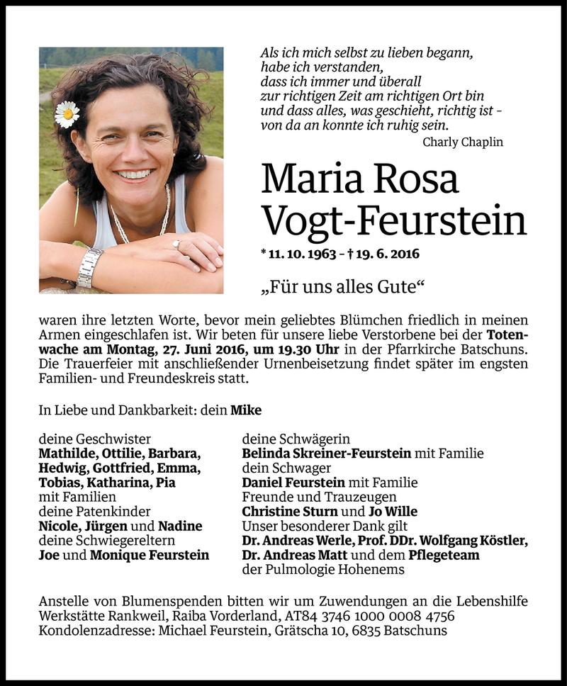  Todesanzeige für Maria Rosa Vogt-Feurstein vom 21.06.2016 aus Vorarlberger Nachrichten