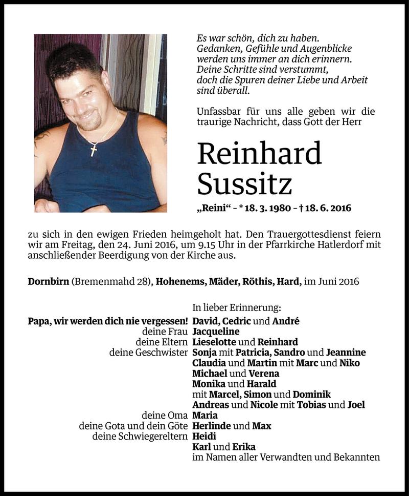  Todesanzeige für Reinhard Sussitz vom 21.06.2016 aus Vorarlberger Nachrichten