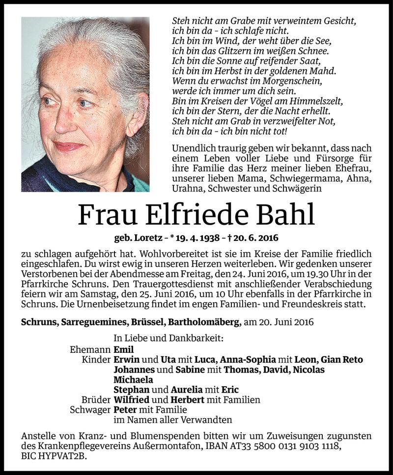  Todesanzeige für Elfriede Bahl vom 21.06.2016 aus Vorarlberger Nachrichten