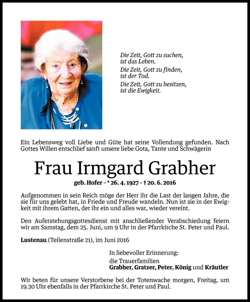  Todesanzeige für Irmgard Grabher vom 22.06.2016 aus Vorarlberger Nachrichten