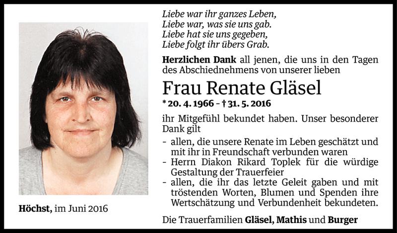  Todesanzeige für Renate Gläsel vom 22.06.2016 aus Vorarlberger Nachrichten