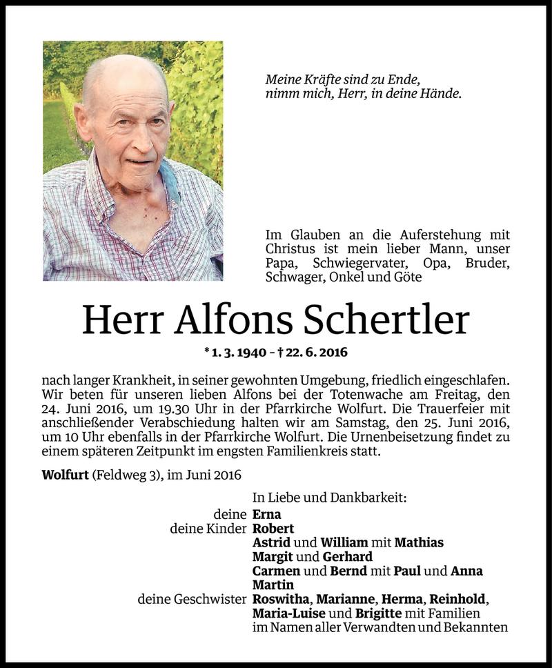  Todesanzeige für Alfons Schertler vom 22.06.2016 aus Vorarlberger Nachrichten