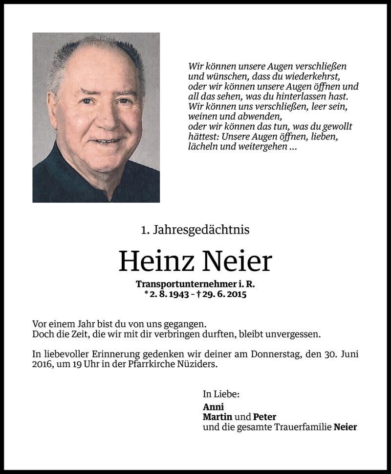  Todesanzeige für Heinz Neier vom 24.06.2016 aus Vorarlberger Nachrichten