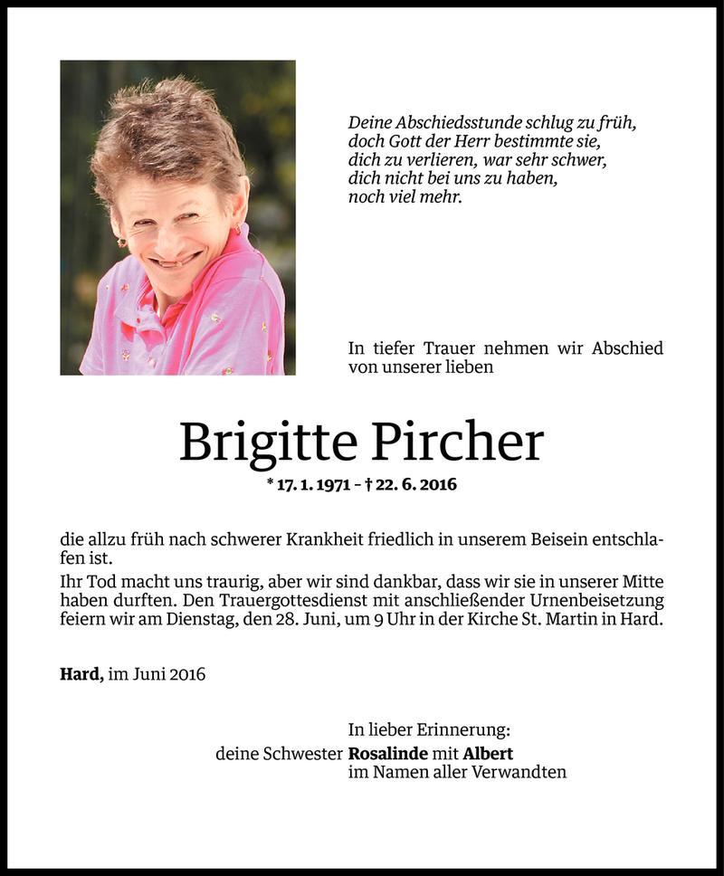  Todesanzeige für Brigitte Pircher vom 24.06.2016 aus Vorarlberger Nachrichten