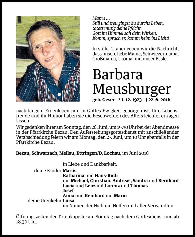  Todesanzeige für Barbara Meusburger vom 24.06.2016 aus Vorarlberger Nachrichten