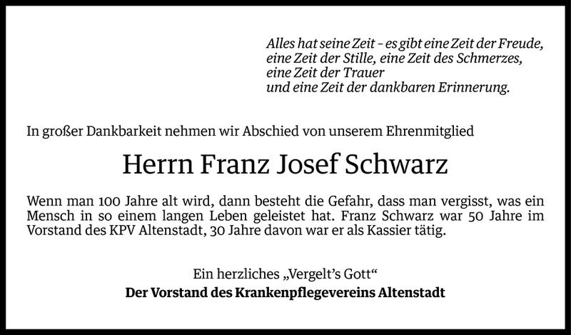  Todesanzeige für Franz Josef Schwarz vom 24.06.2016 aus Vorarlberger Nachrichten