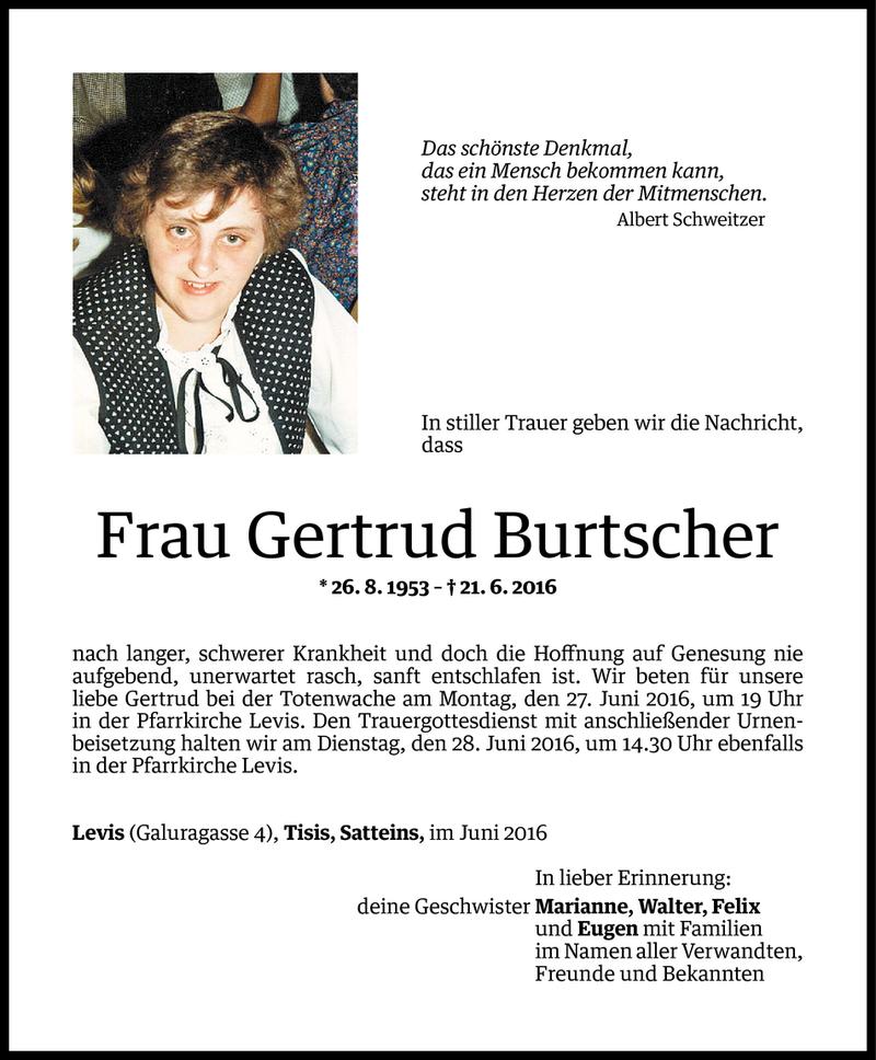  Todesanzeige für Gertrud Burtscher vom 24.06.2016 aus Vorarlberger Nachrichten