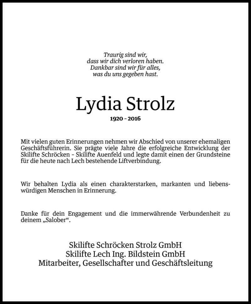  Todesanzeige für Lydia Strolz vom 27.06.2016 aus Vorarlberger Nachrichten