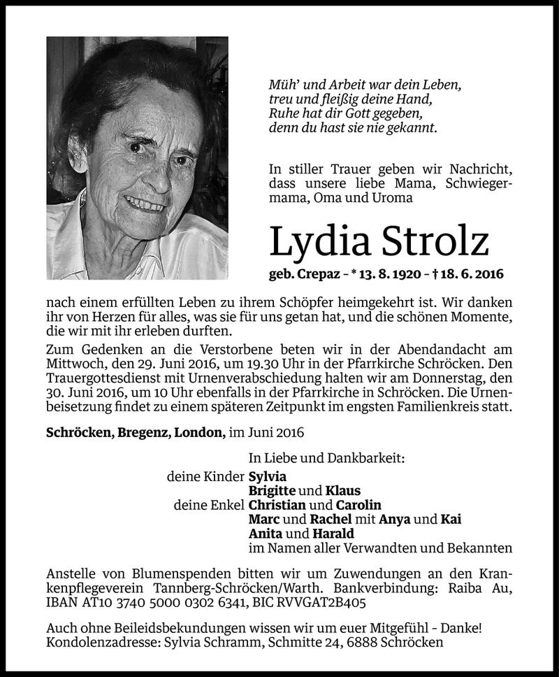  Todesanzeige für Lydia Strolz vom 26.06.2016 aus Vorarlberger Nachrichten