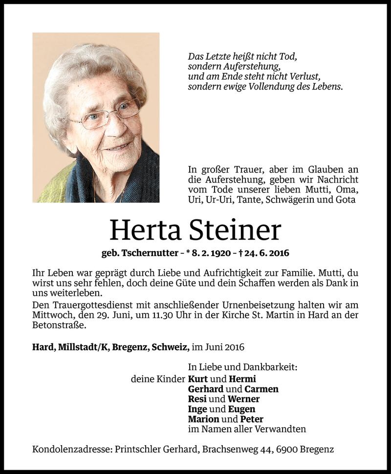  Todesanzeige für Herta Steiner vom 26.06.2016 aus Vorarlberger Nachrichten